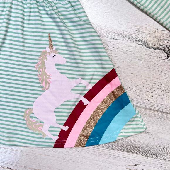 Freestyle Revolution Dress Girls 24M Green Stripe Unicorn Rainbow Long Sleeve - Picture 3 of 7